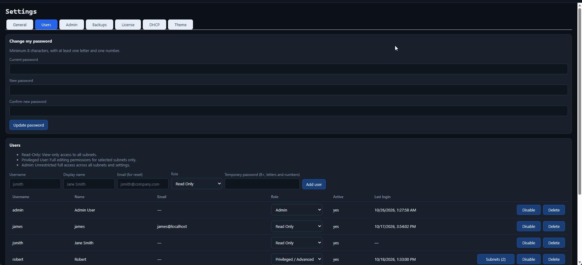 Audit log of IPAM changes with user, action, and timestamp