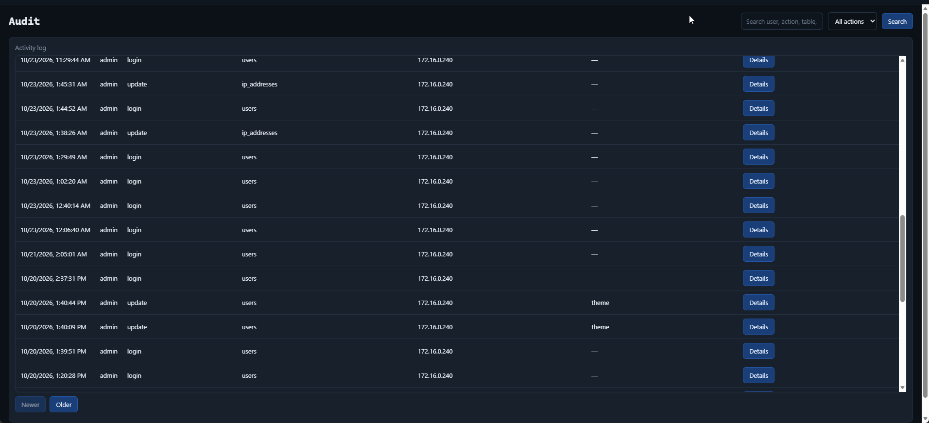 DNS record list with hostnames, addresses, and record types