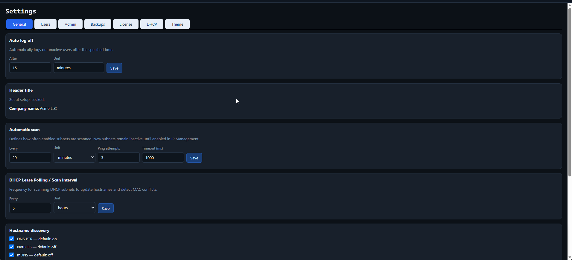 IPAM51 settings for auto logoff, scans, DHCP polling, and hostname discovery